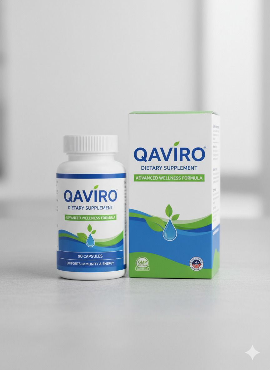 Qaviro dietary supplement bottle and packaging on a neutral surface